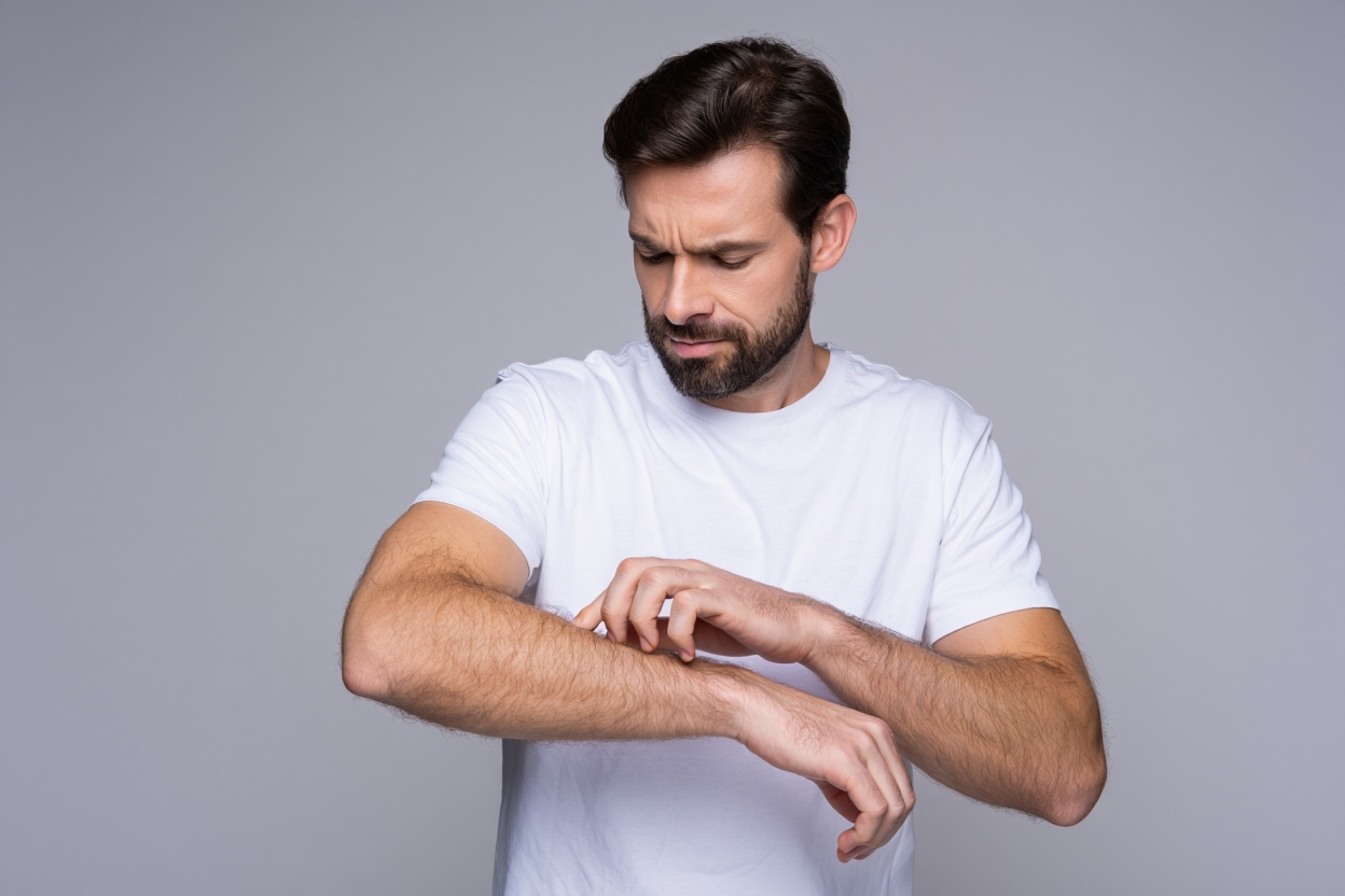 man inspecting skin on his arm