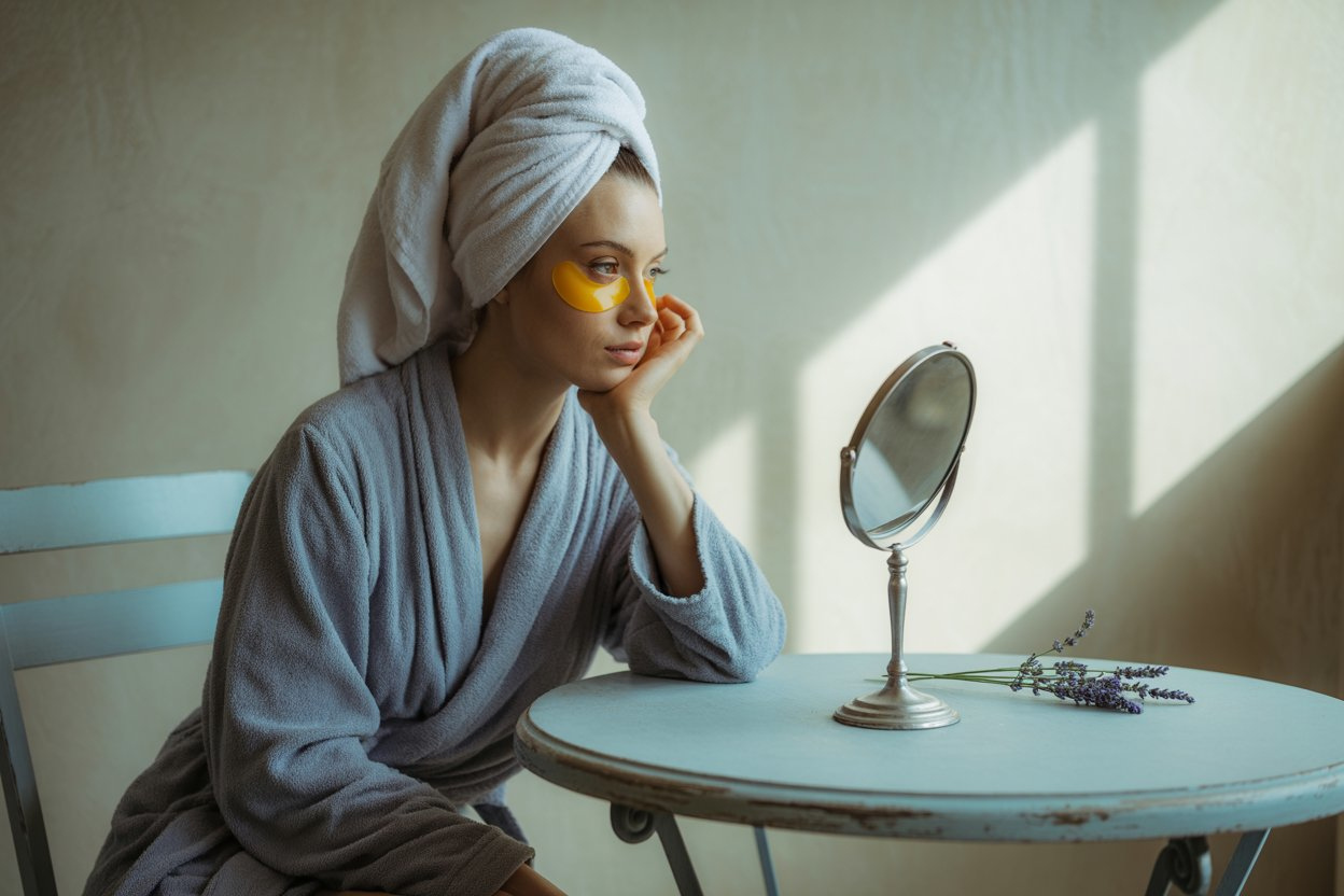 woman with eye patch mask looking in the mirror