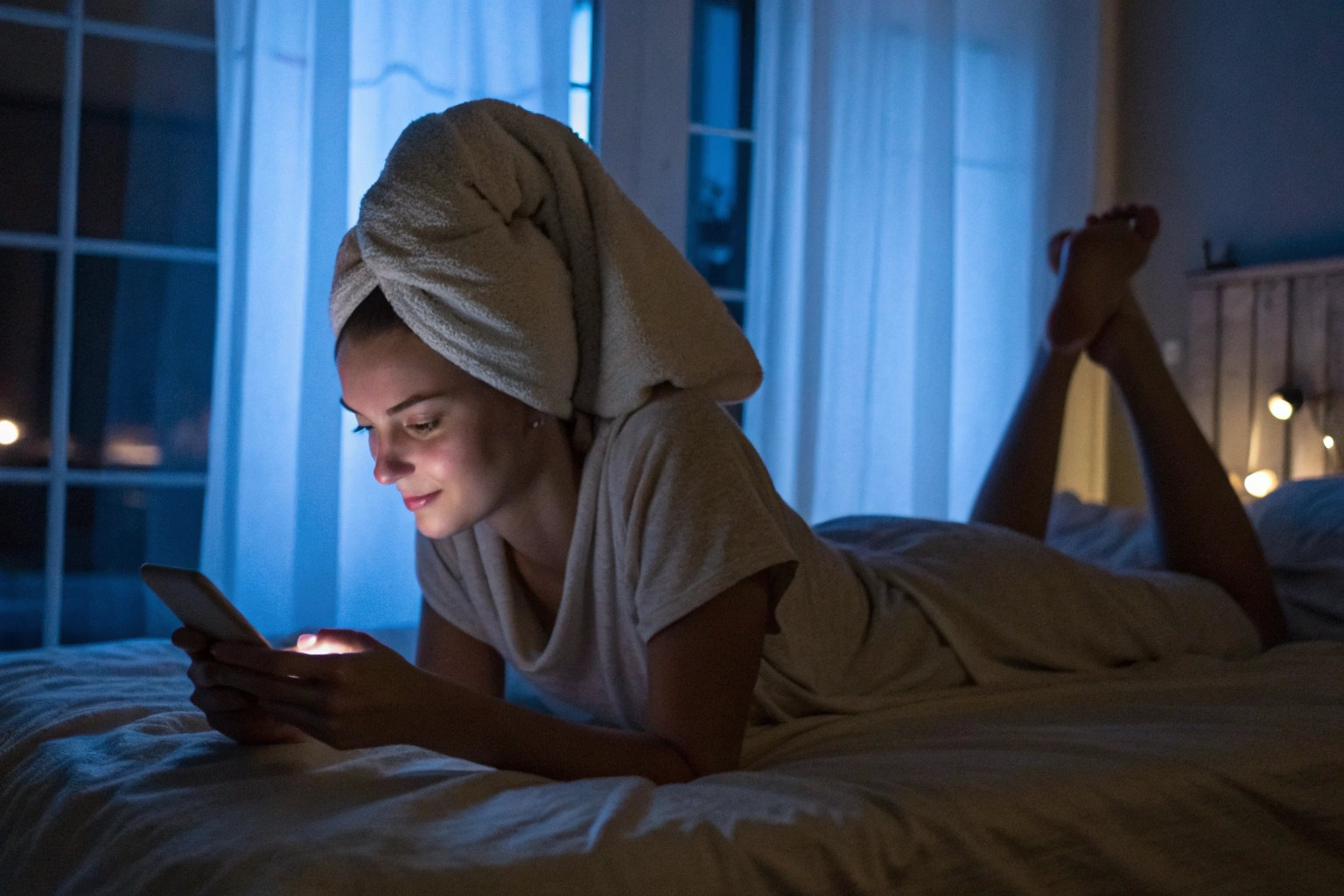 young woman texting at night